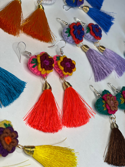 Embroidered Heart Tassel Earring