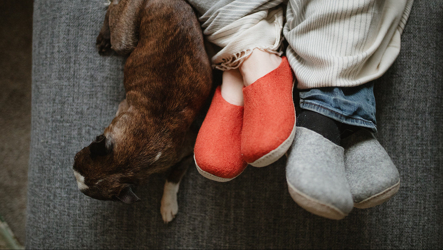 a small brown dog curled up next to the feet of two people who are wearing wool slippers