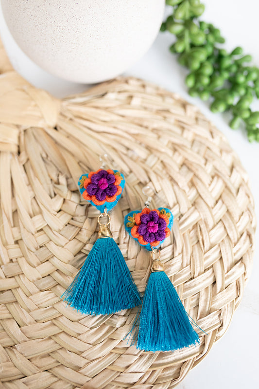 Embroidered Heart Tassel Earring