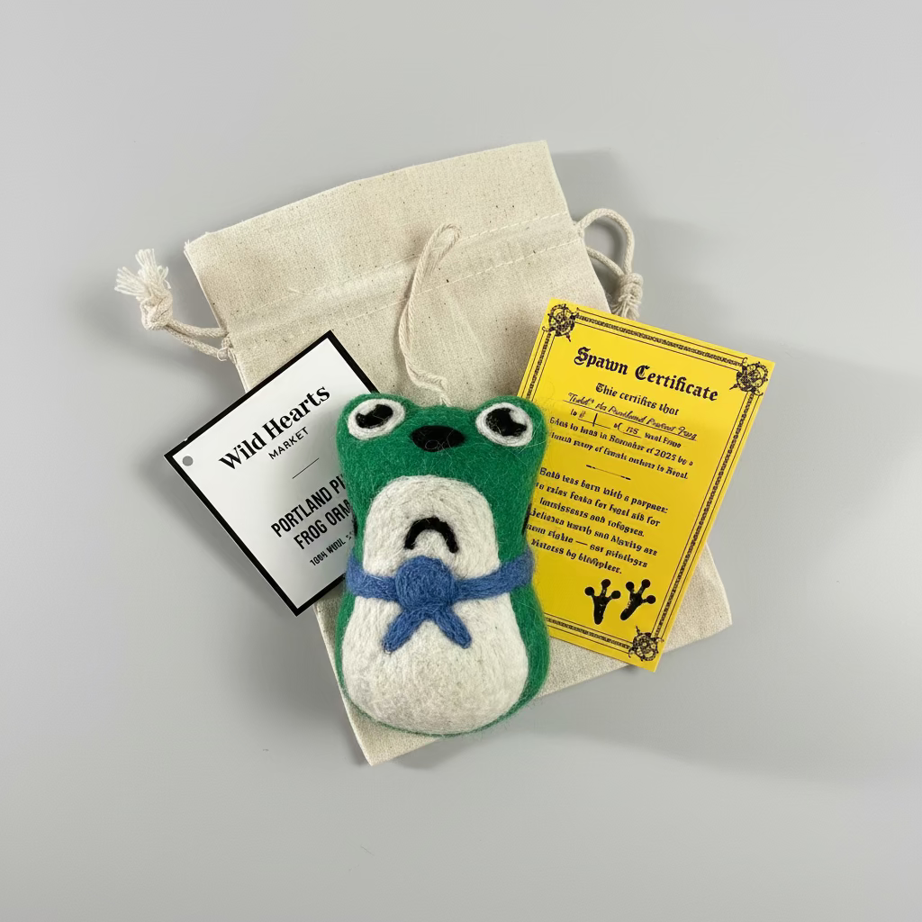 wool frog ornament with canvas dust bag, tag, and mock birth certificate