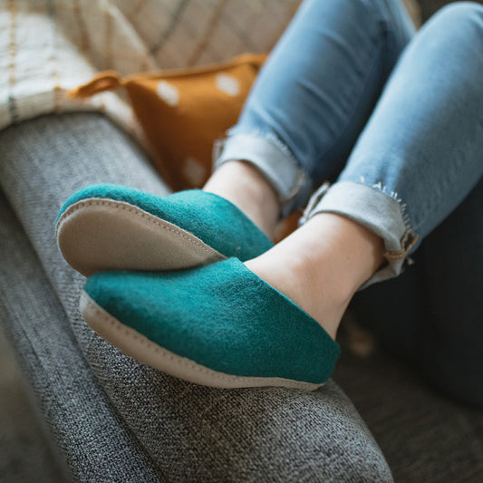 cozy wool felt slippers in emerald green