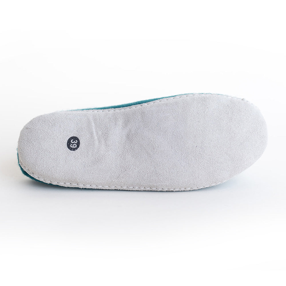 suede leather sole on wool felt slipper