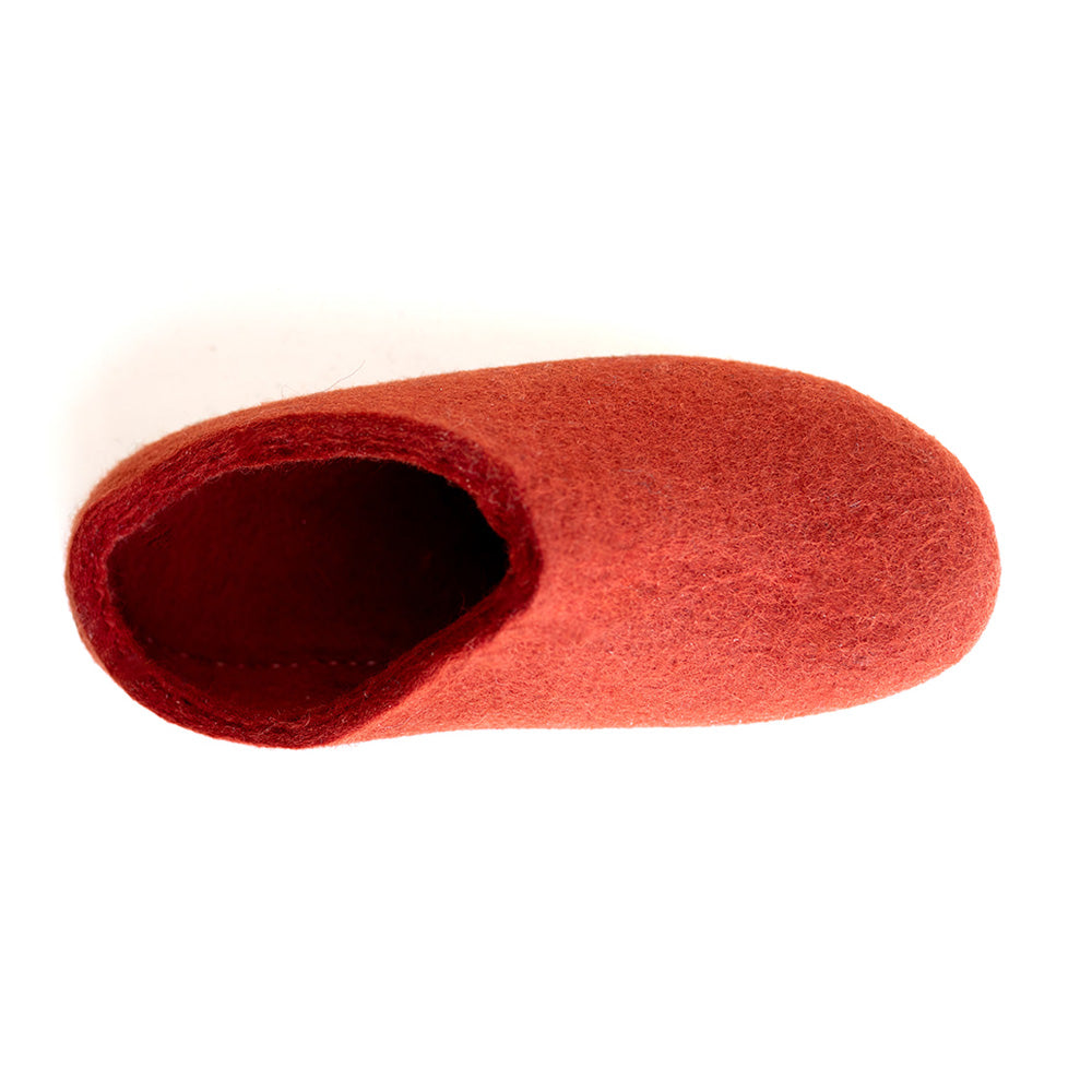 top view of cozy wool felt slipper in spice red orange