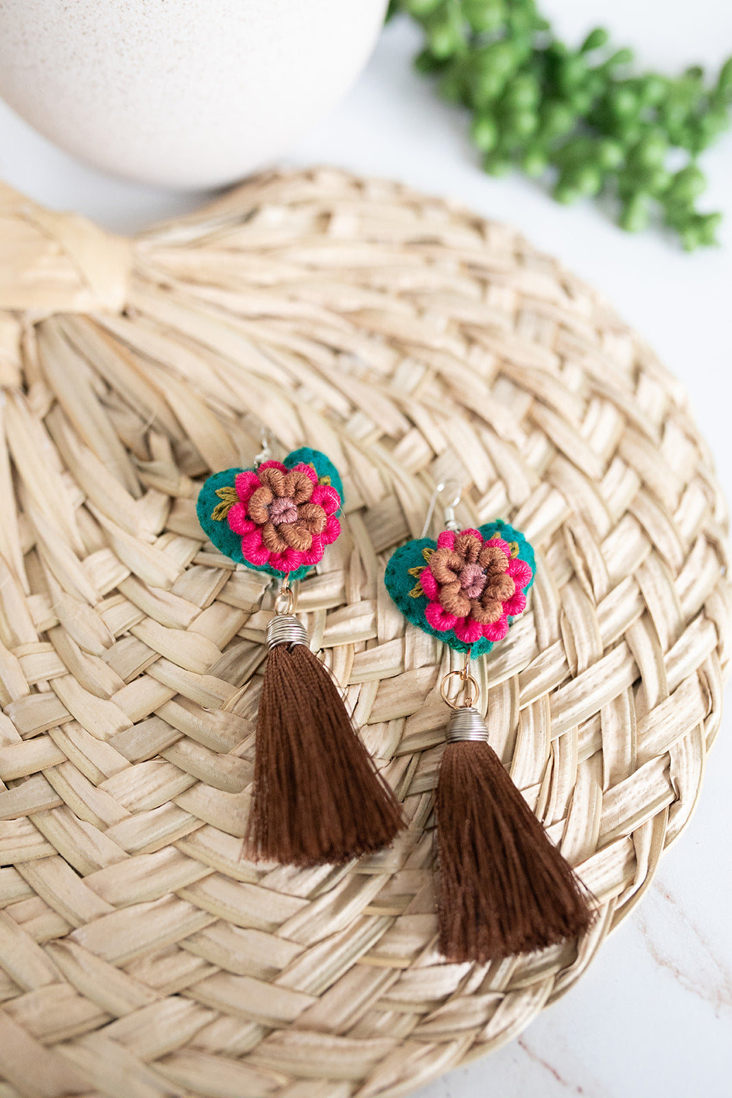 Embroidered Heart Tassel Earring