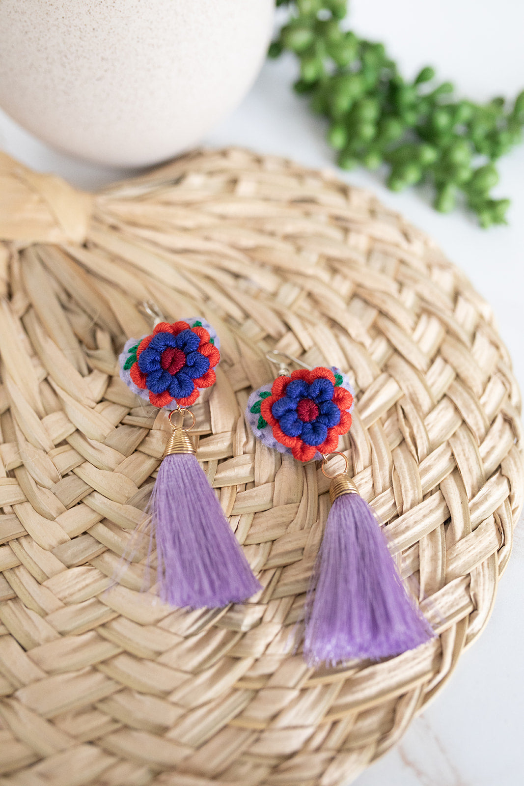 Embroidered Heart Tassel Earring