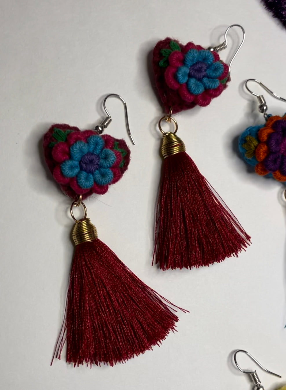 Embroidered Heart Tassel Earring