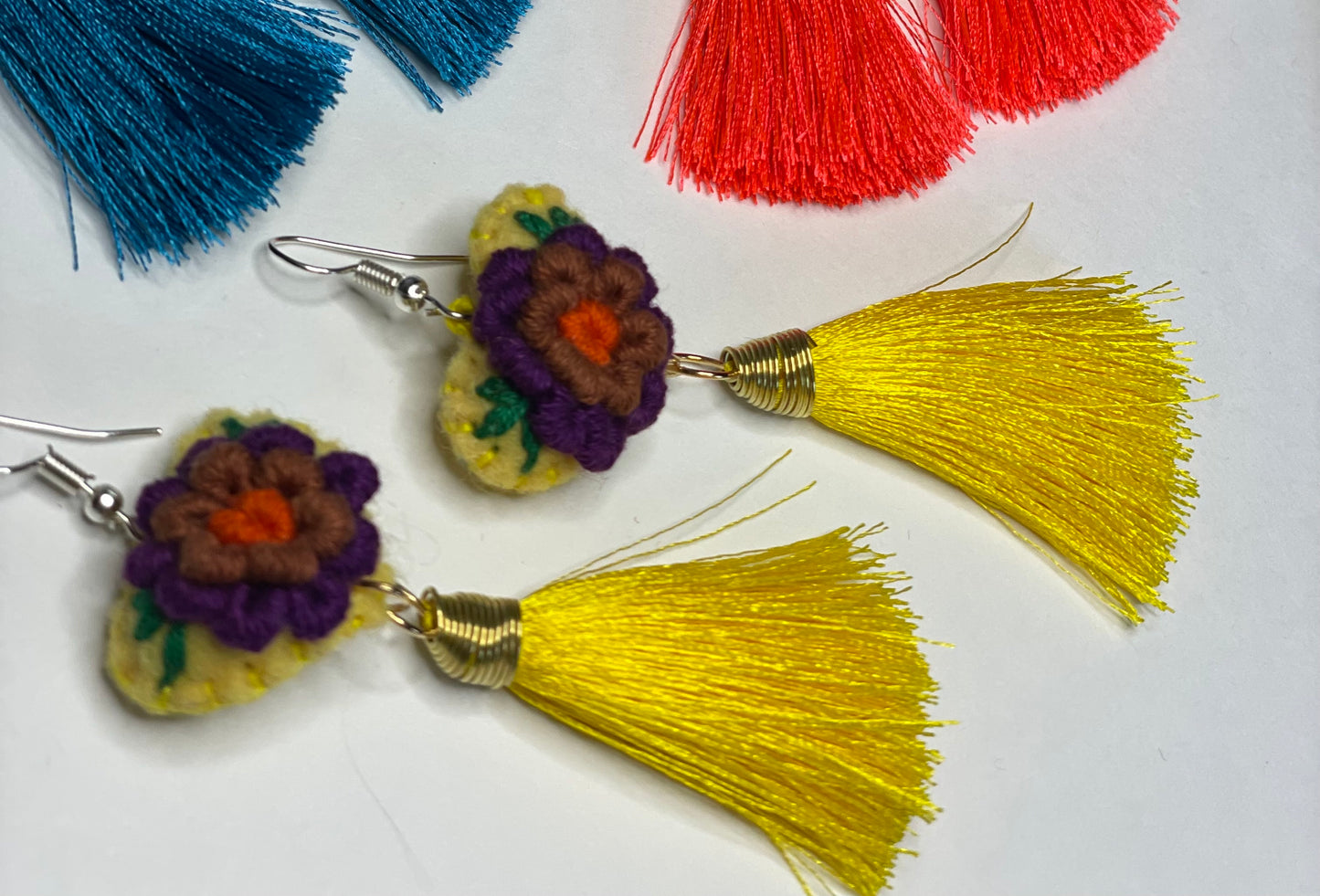 Embroidered Heart Tassel Earring