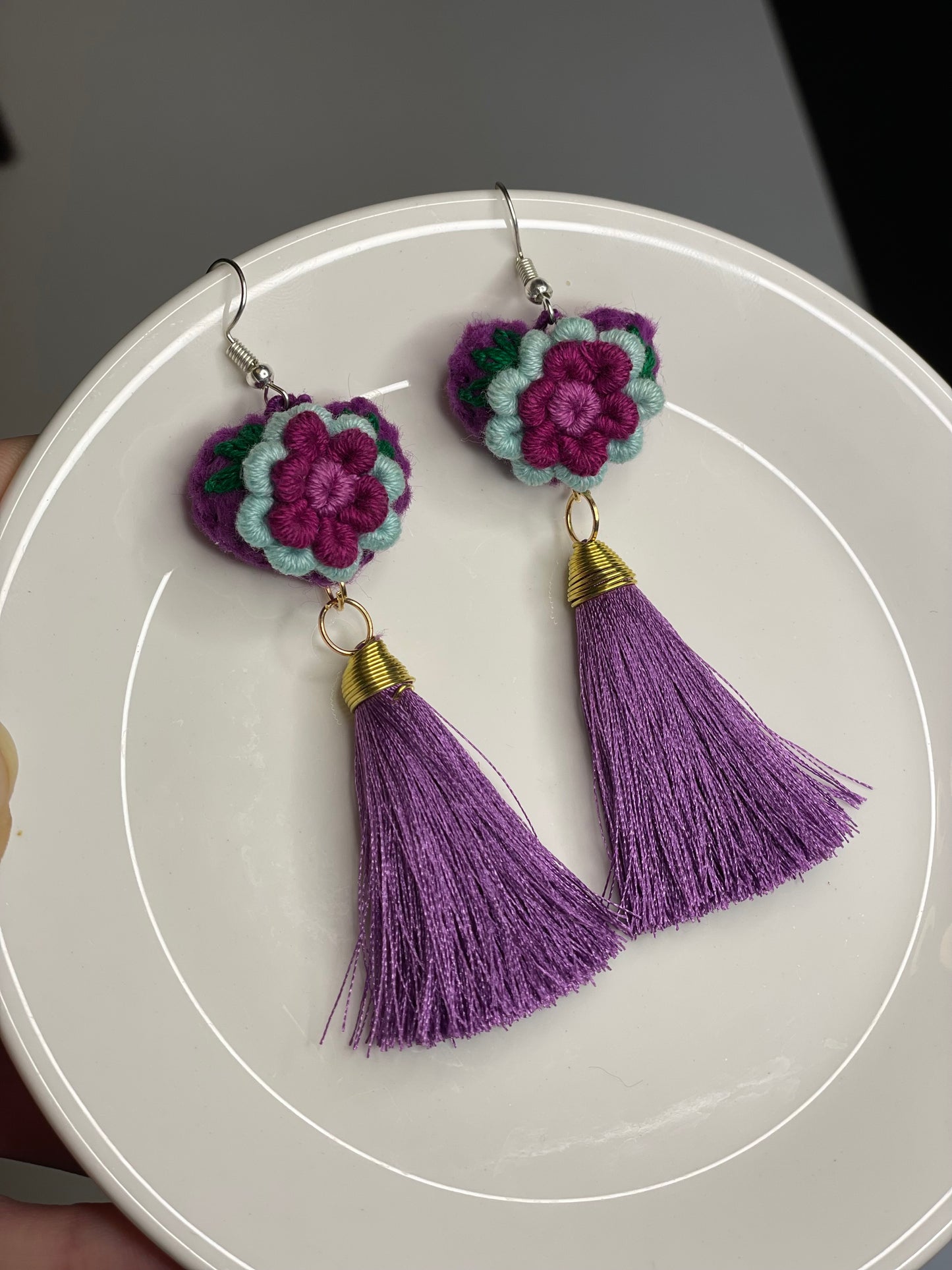 Embroidered Heart Tassel Earring