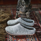 cute cat looking at cozy wool slippers